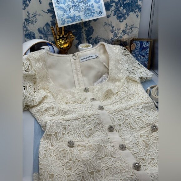 🆕 SELF-PORTRAIT 🧿 NWT Cream Guipure Lace Belted Mini Dress, Sz UK 12 US 8 - Picture 13 of 16